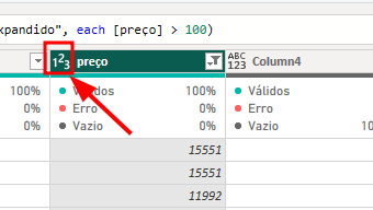 captura do Power Query exibindo a coluna “preço”. No cabeçalho dessa coluna aparece o ícone “1 2 3”, indicando que ela está formatada como número. Uma seta vermelha aponta diretamente para esse ícone