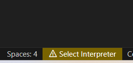 captura de tela do select interpreter no Vs Code. Há um botão triangular com uma exclamação dentro e ao lado está escrito Select Interpreter 