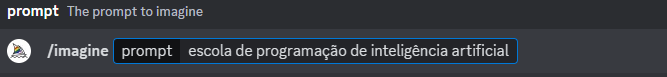 Captura de tela do discord no servidor Midjourney. Há o texto " /imagine prompt escola de programação de inteligência artificial"