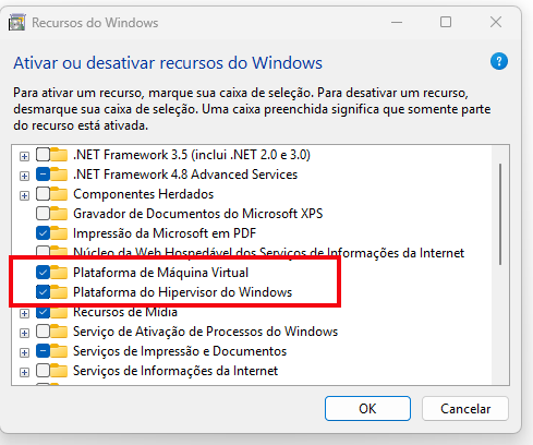 A imagem exibe a janela de configurações denominada "Ativar ou desativar recursos do Windows". No centro da lista de opções, há um destaque feito por um retângulo vermelho em volta de dois itens específicos: **Plataforma de Máquina Virtual** e **Plataforma do Hipervisor do Windows**. Ambos os recursos estão com a caixa de seleção marcada com um check azul, indicando que estão ativos no sistema operacional. Ao redor desses itens, aparecem outras funções como "Impressão da Microsoft em PDF", que também está ativada, e "Serviços de Informações da Internet", que permanece desativado. No rodapé da janela, estão visíveis os botões "OK" e "Cancelar" sobre um fundo claro.