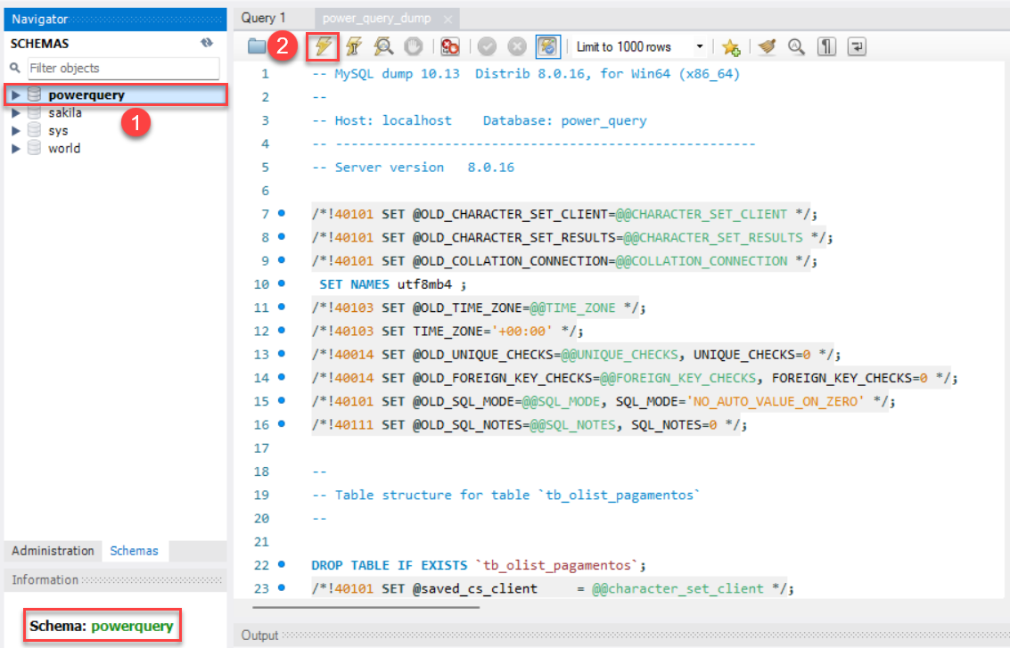 Captura de tela do MySQL Workbench com o script