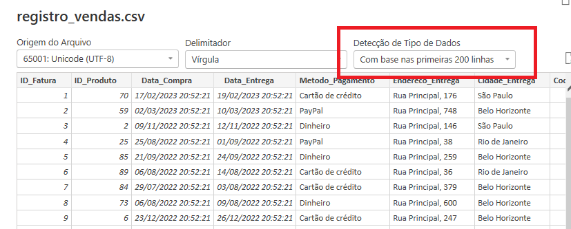 Captura de tela do upload da tabela registro_vendas. Na opção detecção de tipos de dados, está selecionado a opção: "Com base nas 200 primeiras linhas" 