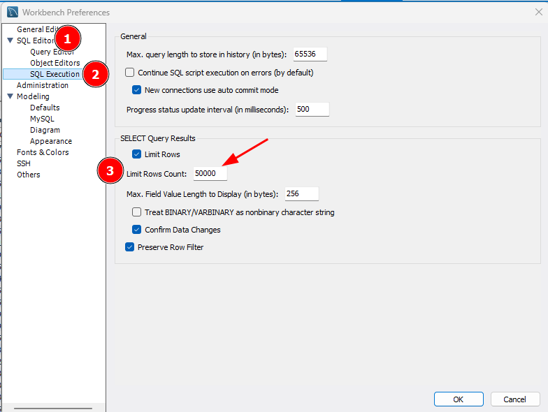 A imagem mostra uma janela de preferências do Workbench. No menu lateral esquerdo, a opção "SQL Editor" está selecionada, com a subopção "SQL Execution" aberta. Na seção "SELECT Query Results", a opção "Limit Rows" está marcada, e o campo "Limit Rows Count" está definido como 50000, destacado por uma seta vermelha. No canto inferior direito, estão presentes os botões "OK" e "Cancel".