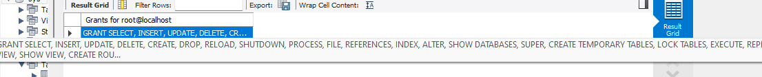 Tabela gerada ao executar o comando SHOW GRANTS FOR 'seu_usuario'@'localhost'; no workbench 