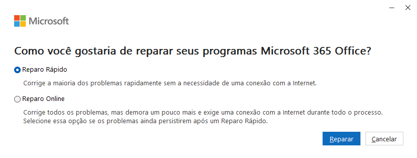 Janela do Microsoft 365 Office perguntando como reparar os programas. Opções: **Reparo Rápido** (não precisa de internet) e **Reparo Online** (corrige mais problemas, mas exige internet). Botões: **Reparar** e **Cancelar**.