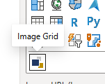 Captura de tela do Power BI mostrando a barra lateral de ícones. Um balão de dica aparece sobre o botão “Image Grid”, destacado no canto inferior esquerdo da seção, representado por um ícone de quadrado azul e amarelo sobre fundo branco.