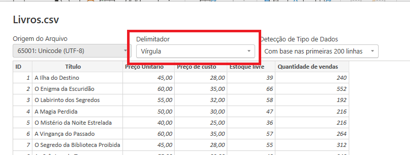 Captura de tela do Power Bi. O delimilitador selecionado é vírgula