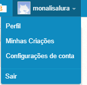 Print do menu do Scratch. Fundo azul, o perfil está escrito "monalisalura". Abaixo há opções "Perfil", "Minhas criaçoes", "Configuraçoes da conta" e "Sair