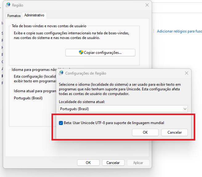 Captura de tela da região do computador. Está selecionado a opção Beta: Usar Unicode UTF-8 para suporte de linguagem mundial