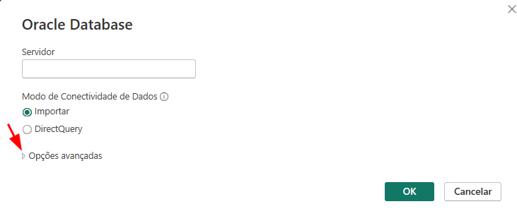 Imagem da tela de configuração de conexão com o Oracle no Power BI, mostrando o campo "Servidor" e o modo de conectividade, com uma seta apontando para a seção "Opções avançadas" para expandi-la.
