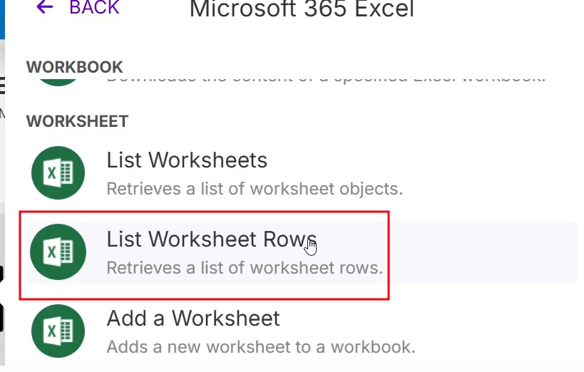 ITela do Make com as conexões do Microsoft 365 Excel exibindo opções de ações para planilhas. Na seção “Worksheet”, a opção “List Worksheet Rows”, descrita como “Retrieves a list of worksheet rows”, está destacada por um retângulo vermelho.