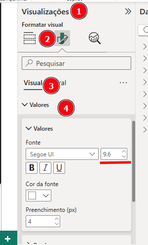 A imagem apresenta uma captura de tela do painel lateral de formatação do Power BI Desktop, com a interface em português. No topo, o título do painel é indicado pelo número 1 no campo Visualizações. Logo abaixo, o número 2 destaca o ícone de um pincel sobre um gráfico, que representa a opção Formatar visual. O número 3 aponta para a aba interna denominada Visual, que está selecionada para configurar os elementos específicos do gráfico atual. O número 4 indica a seção Valores, que se encontra expandida e exibe diversas opções de personalização de texto. Nessas opções, observa-se o seletor da fonte Segoe UI e o tamanho da fonte configurado em 9.6, este último destacado por um sublinhado vermelho.