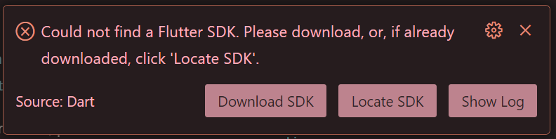 captura de tela com o aviso: 'could not find a flutter sdk. Please download, or, if already downloaded, click locate sdk'