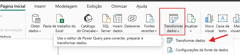 Interface do Power BI Desktop na aba **Página Inicial**, com destaque para o botão **Transformar dados** na faixa de opções. O botão está contornado em vermelho e uma seta vermelha aponta para a opção “Transformar dados” no menu suspenso. Abaixo do botão aparece um tooltip com a mensagem: “Use o editor de Power Query para conectar, preparar e transformar dados.”