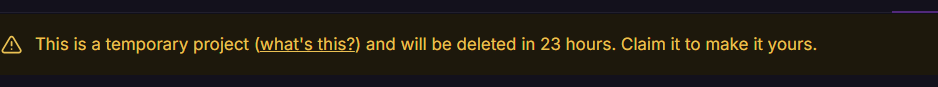 Mensagem de aviso na Railway: "This is a temporary project and will be deleted in 23 hours. Claim it to make it yours.", indicando que o projeto foi criado sem login e será excluído automaticamente.