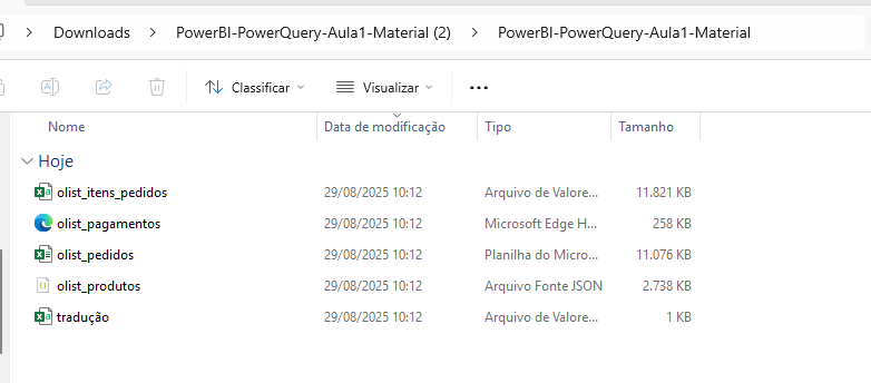 Captura de tela do Windows Explorer mostrando a pasta Downloads > PowerBI-PowerQuery-Aula1-Material (2) > PowerBI-PowerQuery-Aula1-Material. Na lista de arquivos aparecem cinco itens, olist_itens_pedidos,olist_pagamentos,olist_pedidos (Planilha do Microsoft Excel, olist_produtos,tradução