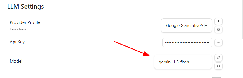 Tela de configurações do plugin Text Generator no Obsidian, seção LLM Settings. O campo 'Model' está selecionado como 'gemini-1.5-flash', destacado por uma seta vermelha.