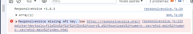 captura de tela do inspecionar onde tem o erro ResponsiveVoice missing API key