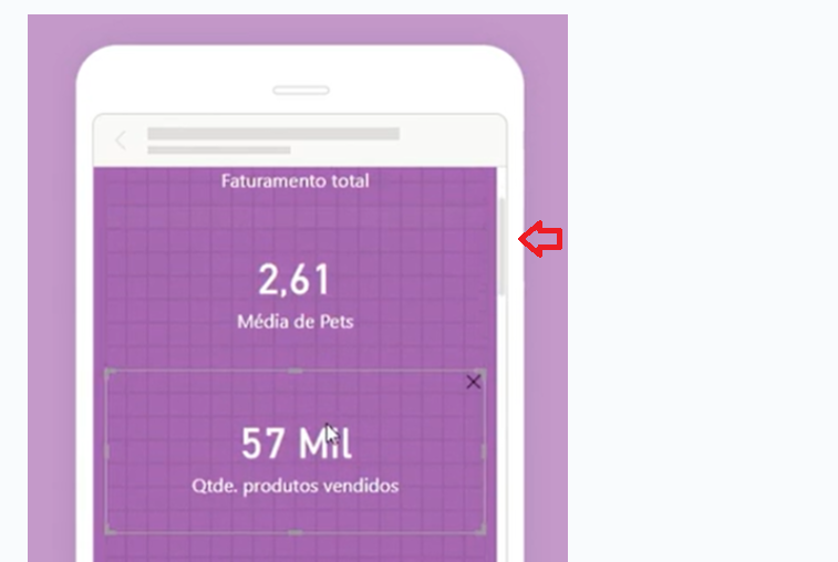 Captura de tela do layout móvel do projeto do instrutor no Power BI. Note a seta vermelha indicando a barra de rolagem.