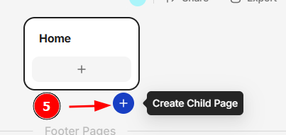 Ao lado da página 'Home', o ícone azul de mais (+) está destacado com uma seta e o número 5, indicando onde clicar para criar uma 'Child Page' (página filha).