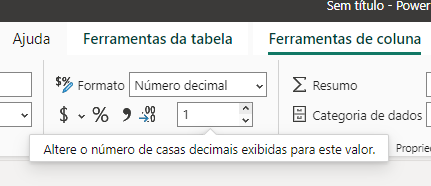 Captura de tela da aba Ferramentas de coluna. Há uma opção Formato. Nele está a opção numeros decimais e abaixo o numeral 1 idicando apenas uma casa decimal.