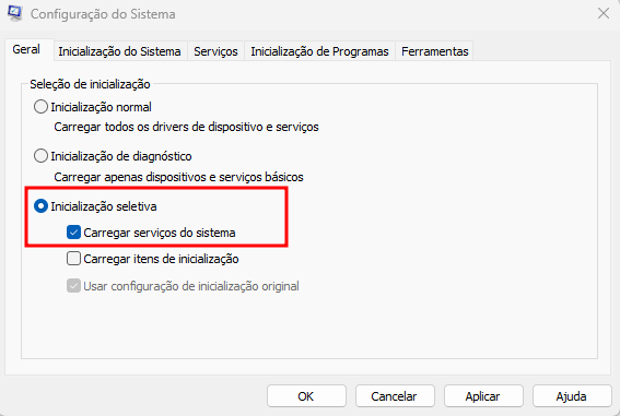 Tela Configuração do Sistema. Na aba Geral, está selecionado a opção "Inicialização seletiva" e "Carregar serviços do sistema" 