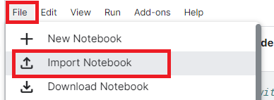 Captura de tela do Kaggle mostrando o menu suspenso de File com a opção "Import Notebook" destacada.