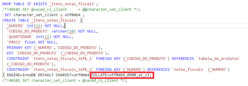 Captura de tela do arquivo MySQL. Está destacado em vermelho a opção collate = utf8mb4_0900_ai_ci