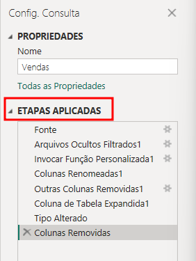 Captura de tela do Power Query da seção Config Consulta. Há um campo Propriedades e abaixo há o título Nome, há um campo com o nome Vendas. Abaixo há um título Etapas Aplicadas, nele há todas as etapas aplicadas.