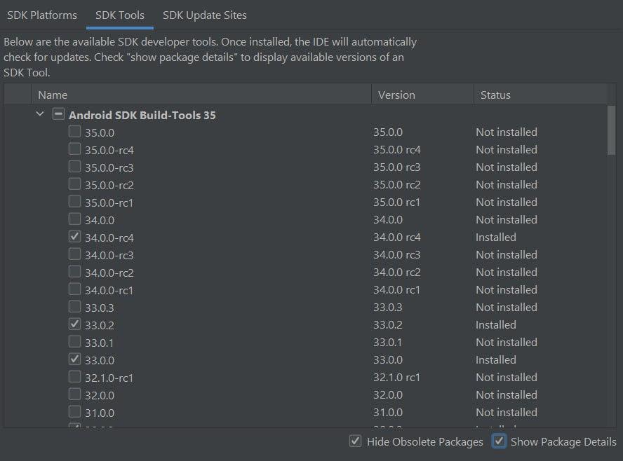 catura de tela do SDK Tools.