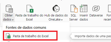 Captura de tela do Power BI. Nele está selecionado a opção Pasta de trabalho excel