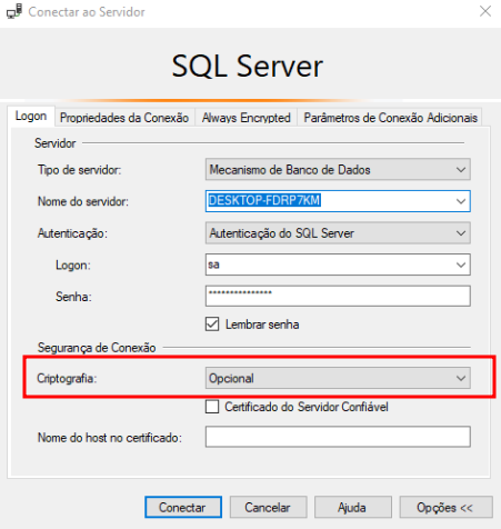 captura de tela da aba propriedades de conexão. Há uma propriedade criptografia ela está marcada como opcional 