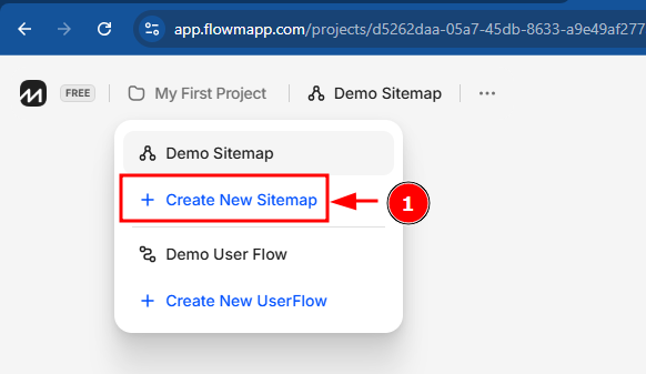 No menu suspenso do projeto, a opção '+ Create New Sitemap' está destacada com um retângulo vermelho e uma seta apontando para ela, indicando onde clicar para criar um novo sitemap.
