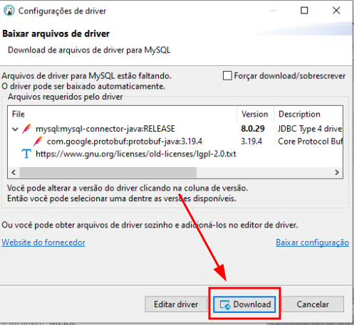 captura de tela do dbeaver "Baixar arquivos de driver". Há alguns arquivos e um botão download. Este está destacado em vermelho e uma seta apontando