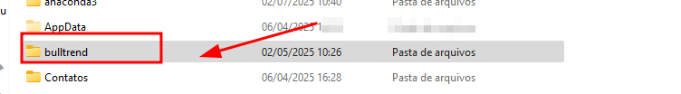 Pasta bulltrend selecionada no Explorador de Arquivos do Windows. Seta vermelha apontando-a