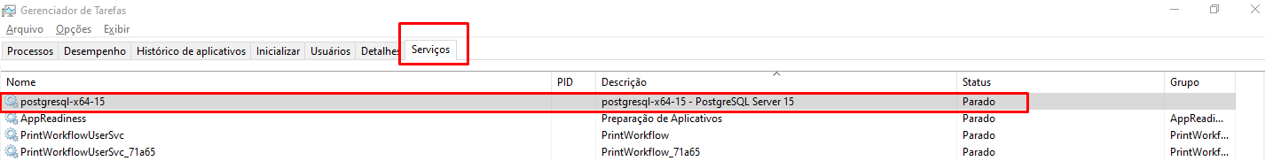 Captura de tela dos serviços windows, onde está selecionado o postgresql-x64-15 em vermelho e ele indica status Parado 