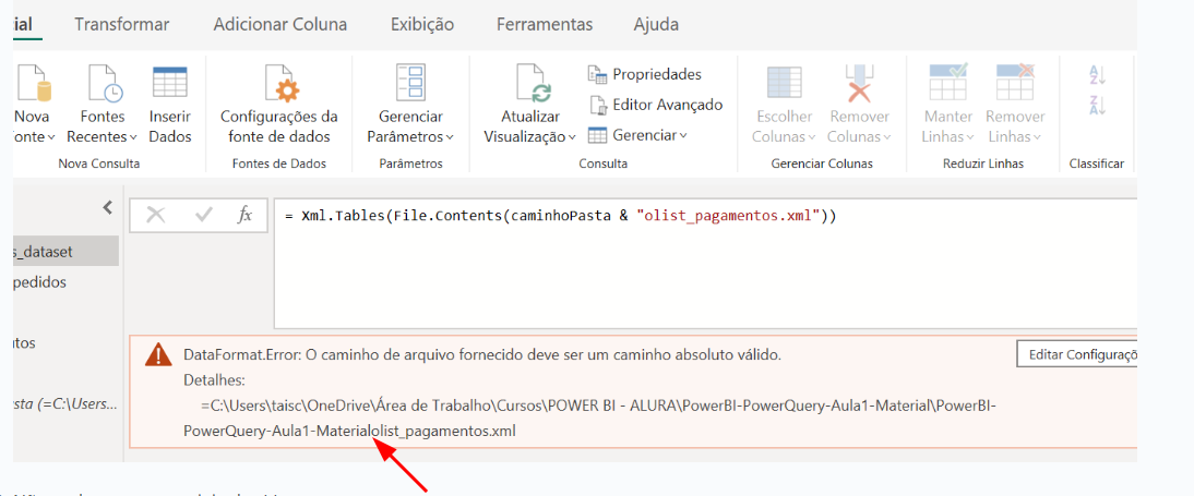 Print mostrando o erro no Power Query