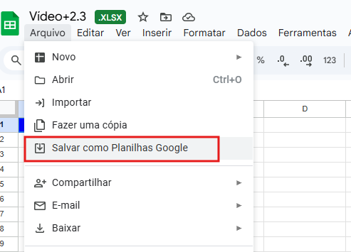 Captura de tela do Google Sheets mostrando o menu “Arquivo” aberto. A opção “Salvar como Planilhas Google” está destacada por um retângulo vermelho, indicando o caminho para converter um arquivo Excel (.XLSX) em formato nativo do Google Sheets. No canto superior, há o título “Video+2.3” com o marcador verde “.XLSX”.