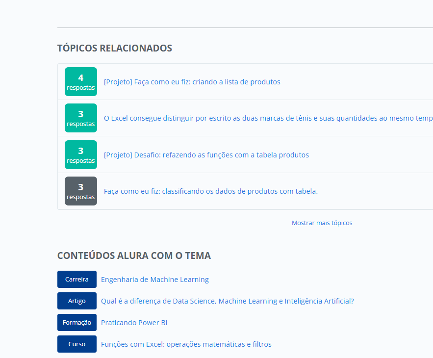 Captura de tela de uma página da Alura exibindo tópicos relacionados e conteúdos Alura com o tema.