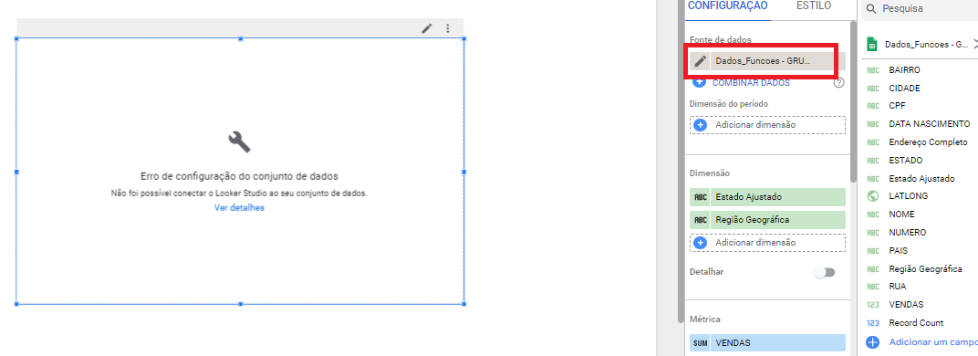 Captura de tela do looker studio. Está selecionado em vermelho a fonte de dados