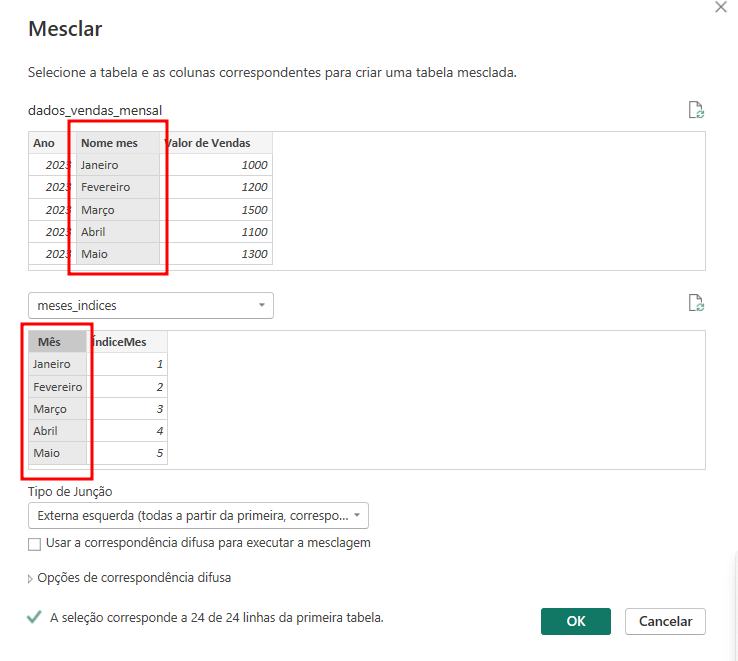 IJanela mesclar do Power Query, está selecionado a coluna Nome mes da tabela dados_vendas mensal e está selecionado a coluna mes da meses_indice. Há uma opção tipo de junção e ela está definida como externa esquerda 