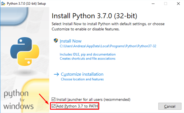 Esta é uma captura de tela da janela de instalação do Python 3.7.0 (32-bit) no Windows. A imagem mostra a opção "Install Now", que instala o Python com as configurações padrão. Há uma caixa de seleção marcada com a opção "Add Python 3.7 to PATH", que adiciona o executável do Python ao PATH do sistema, facilitando o uso do Python a partir da linha de comando. Além disso, há uma opção marcada para "Install launcher for all users (recommended)", que instala o lançador para todos os usuários do sistema.