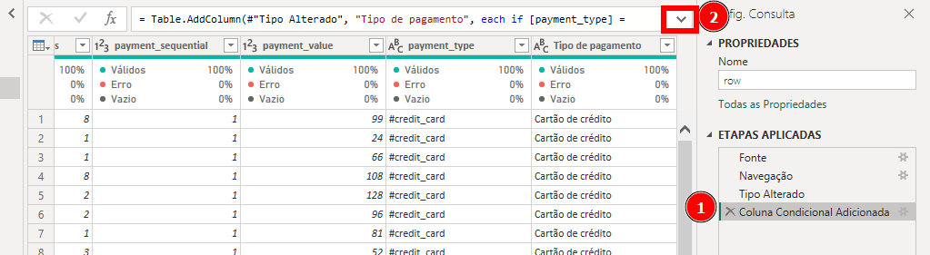 Captura de tela do Power Query no Power BI mostrando uma tabela de dados com colunas como payment_sequential, payment_value, payment_type e Tipo de pagamento. A coluna Tipo de pagamento exibe valores como “Cartão de crédito”. No painel à direita, em Etapas Aplicadas, aparece a etapa “Coluna Condicional Adicionada” destacada com um marcador vermelho numerado como 1. No topo da interface, próximo à barra de fórmulas, há outro marcador vermelho numerado como 2, indicando a área de configuração ou confirmação da consulta.