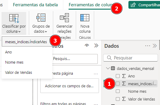 Power BI tela inicial. A coluna meses_indice na tabela original e a aba ferramentas de coluna está selecionada. Há uma opção classificar por coluna, está selecionada meses_indices.ÍndiceMes