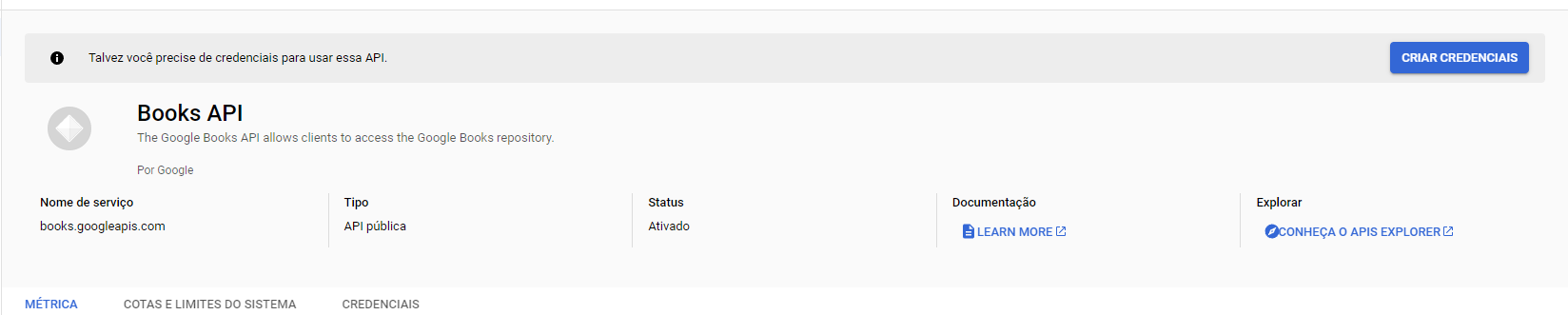 captura de tela Book API.Há um botão criar credenciais 