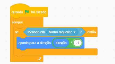 Blocos de Scratch. No primeiro bloco, corresponde ao bloco de evento "Quando a bandeira verde for clicado". Abaixo há um bloco de controle "sempre"  "então" com a seta indicando uma repetição. Dentro desse bloco, há dois blocos de sensores, o primeiro, "se tocando em minha raquete 2" e o segundo aponte a direção, dentro desse, com um bloco de operador de multiplicação, multiplicando um bloco de sensor direção, por -1.