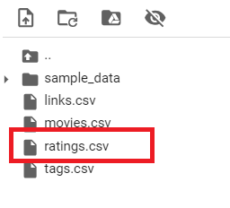 Captura de tela do arquivo ratings.csv no Colab