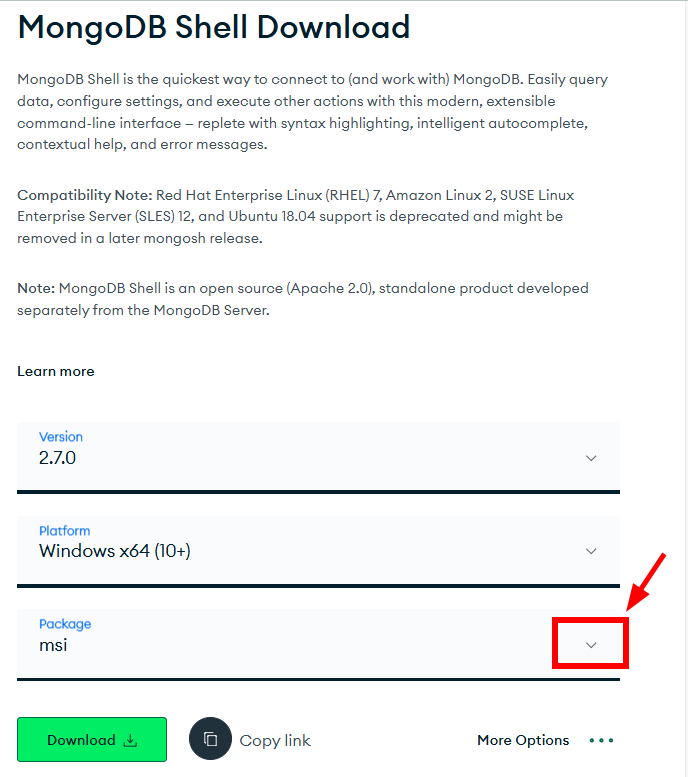 Menu suspenso do site de download do MongoDB exibindo a opção Package com a seta aberta, mostrando a seleção do formato MSI.