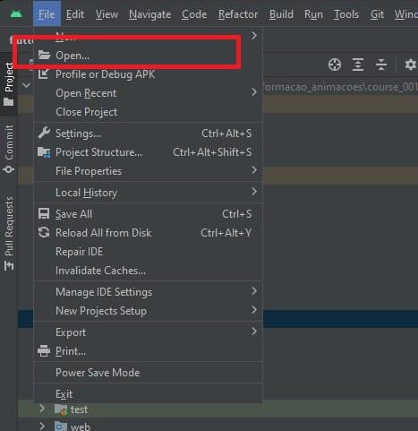 Captura de tela do android studio.Está destacado em vermelho a opção Open