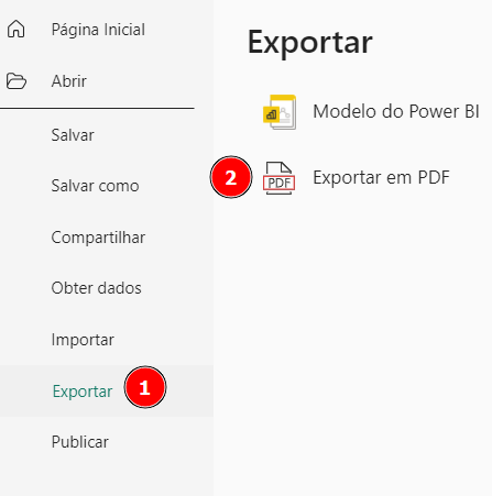 A imagem mostra a tela de exportação do Power BI, onde a opção "Exportar" está selecionada no menu lateral. Nessa tela, duas opções de exportação estão disponíveis: "Modelo do Power BI", representado por um ícone do Power BI, e "Exportar em PDF", com o ícone de PDF ao lado.